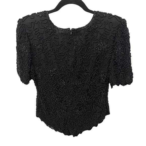 Vintage Laurence Kazar New York Black Beaded V Neck Short Sleeve silk xl Top - Picture 3 of 7